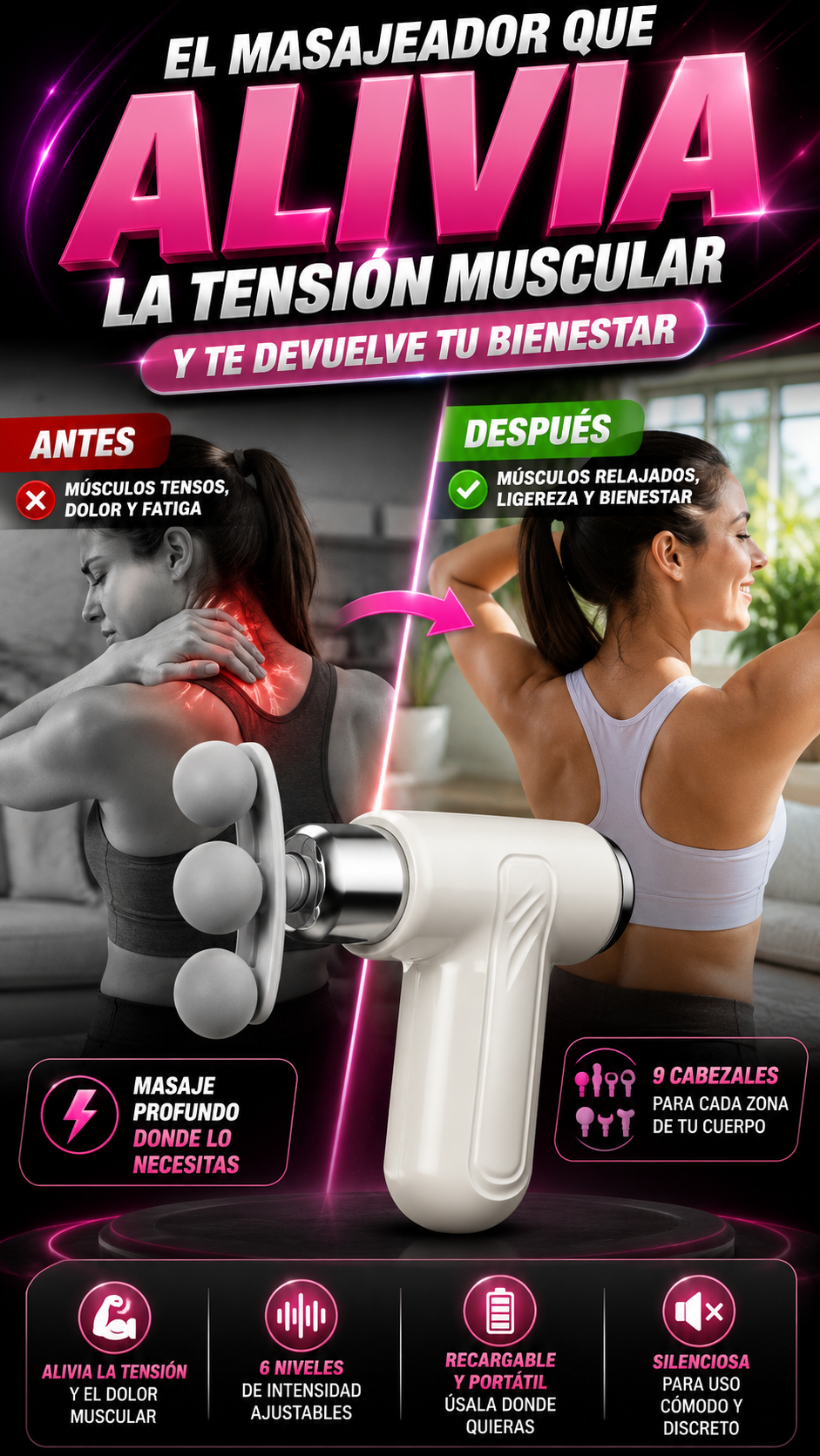 Pistola de Masaje Muscular Eléctrica Recargable — Relaja músculos con mayor comodidad