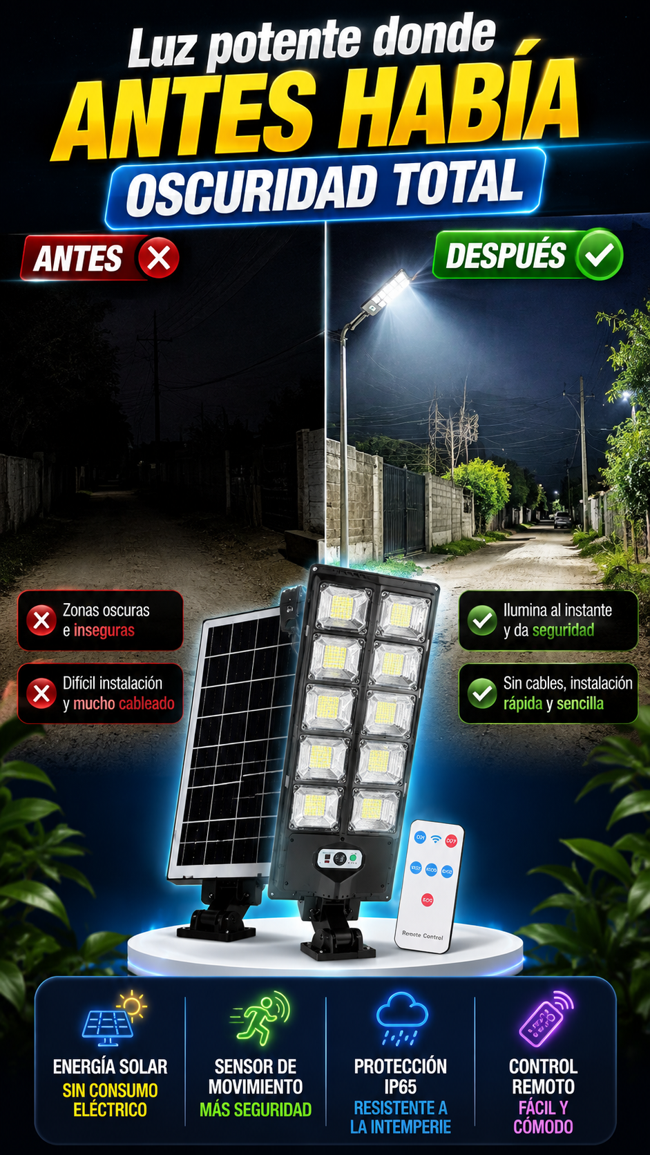 Farola Solar LED con Sensor de Movimiento — Ilumina exteriores sin cableado