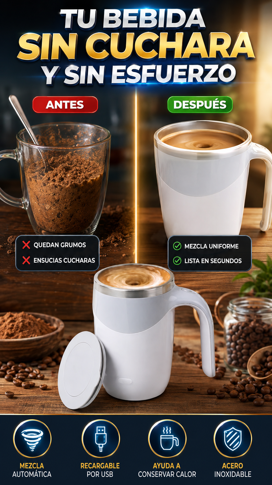 Taza Mezcladora Automática de Acero Inoxidable — Mezcla tus bebidas sin cuchara