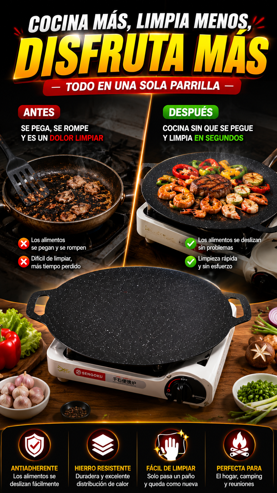 Parrilla Coreana Antiadherente de Hierro — Cocina más fácil y limpia