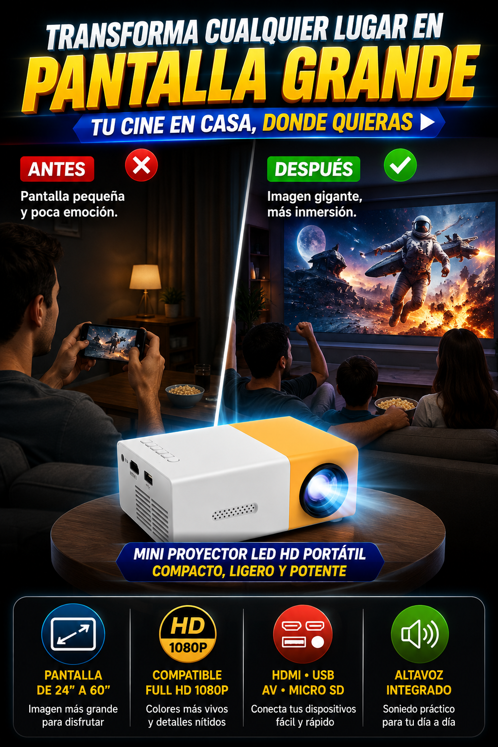 Mini Proyector LED HD Portátil — Lleva tus contenidos a pantalla grande