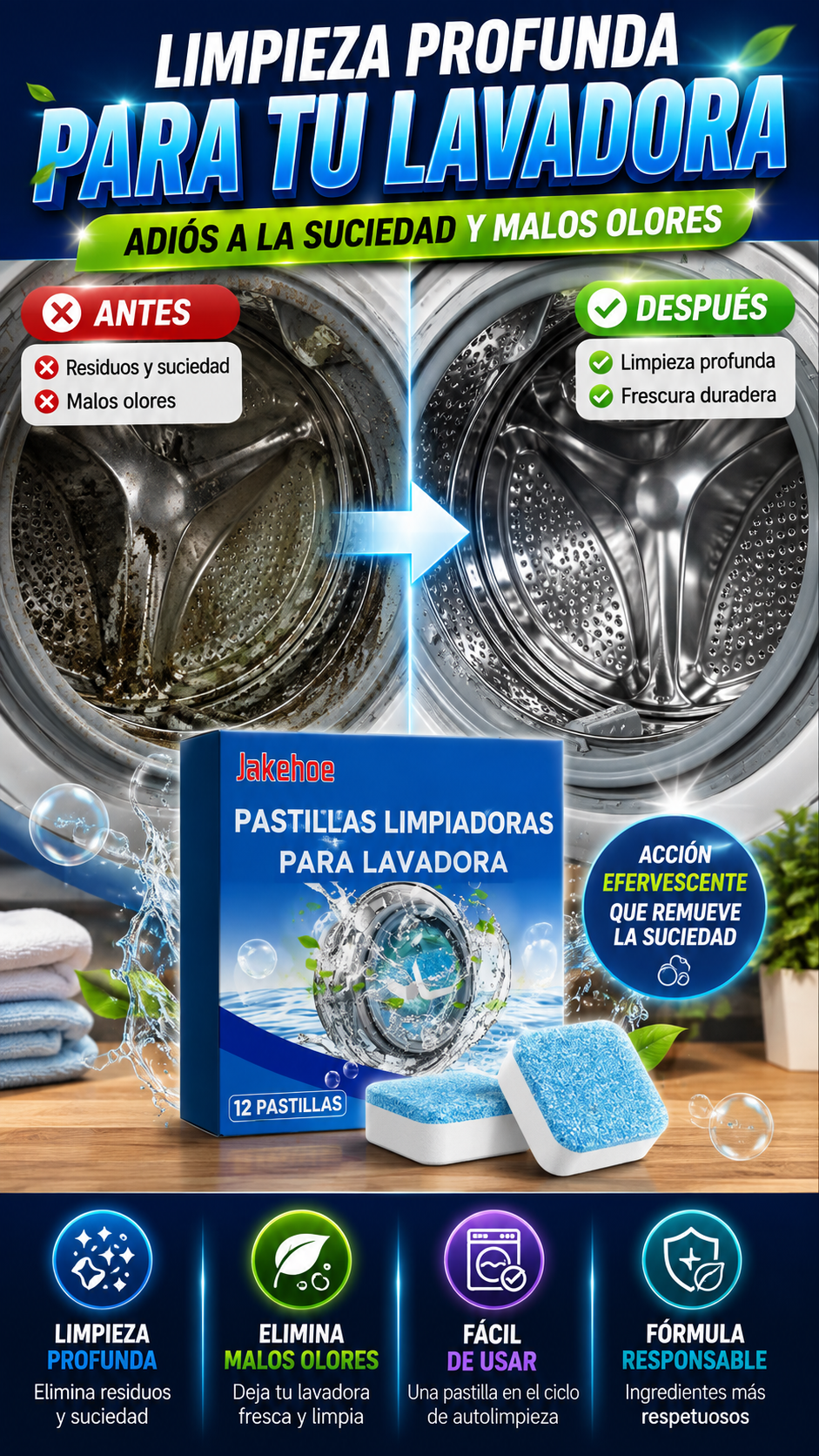 Pastillas Limpiadoras para Lavadora — Ayudan a remover suciedad y olores