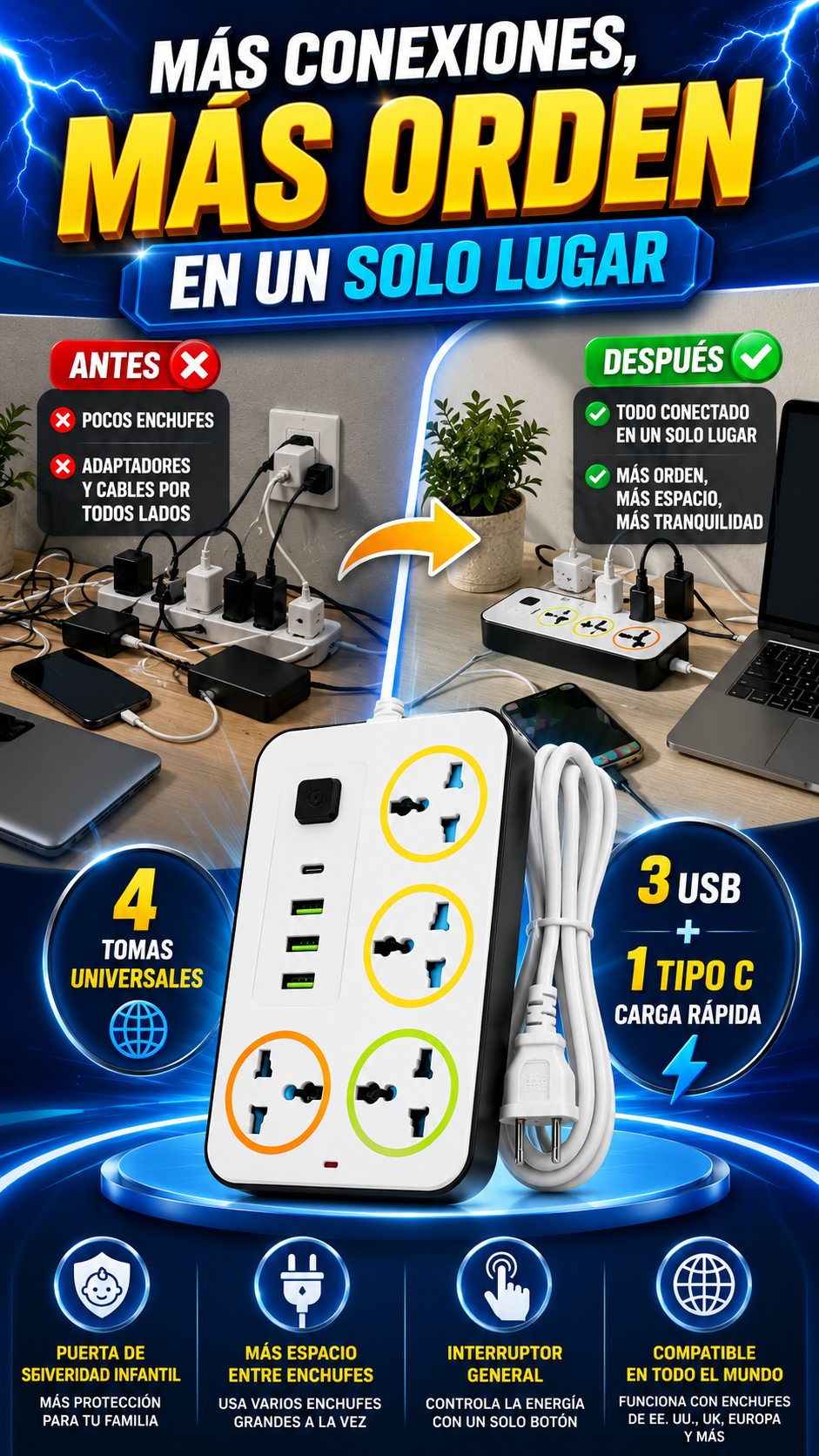Regleta Universal con USB y Tipo C — Conecta y organiza más dispositivos