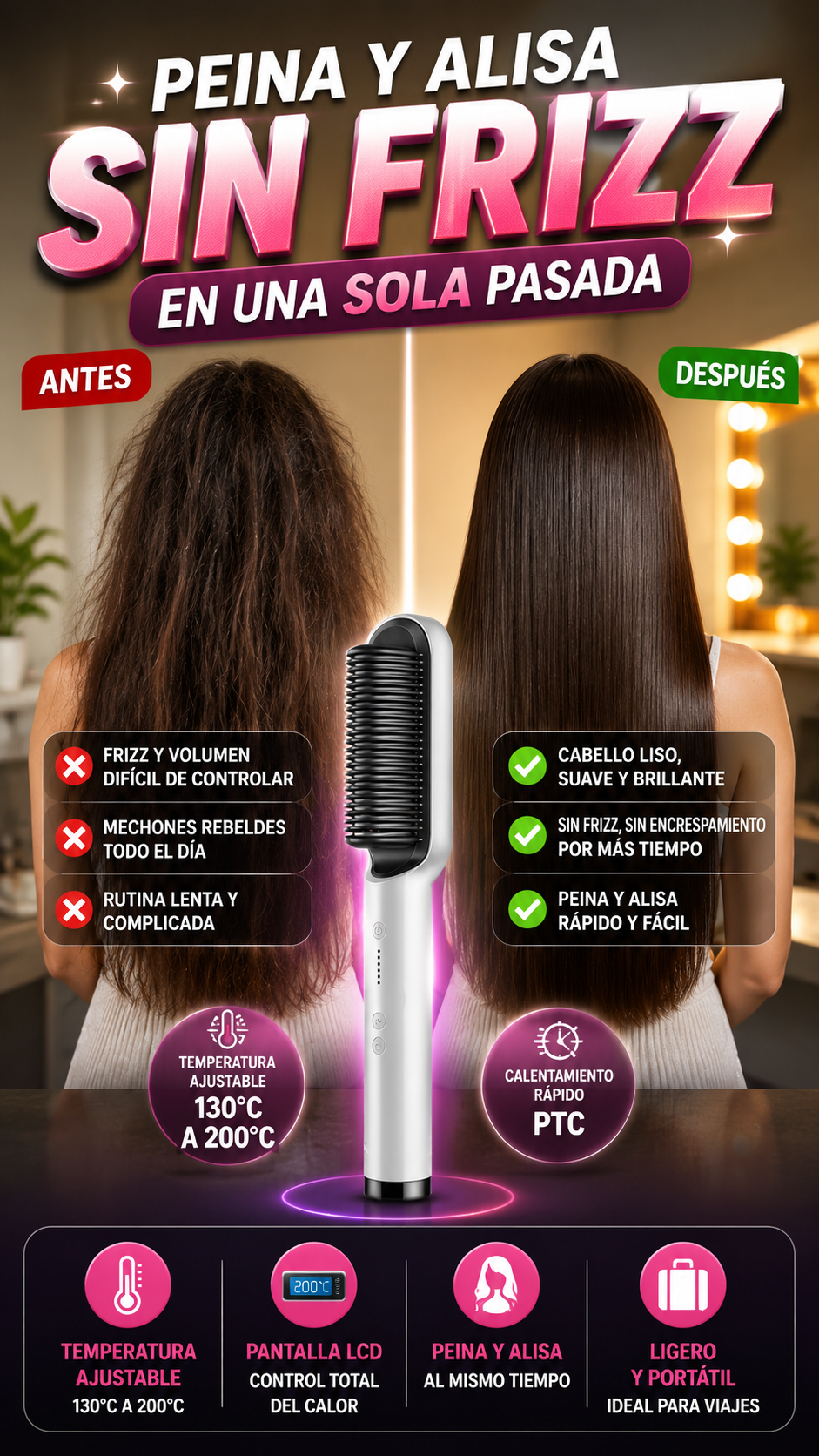 Cepillo Alisador Eléctrico — Alisa y controla el frizz rápidamente
