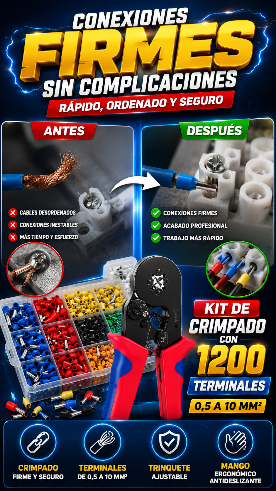 Kit de Crimpado con 1200 Terminales — Conexiones firmes con mayor facilidad