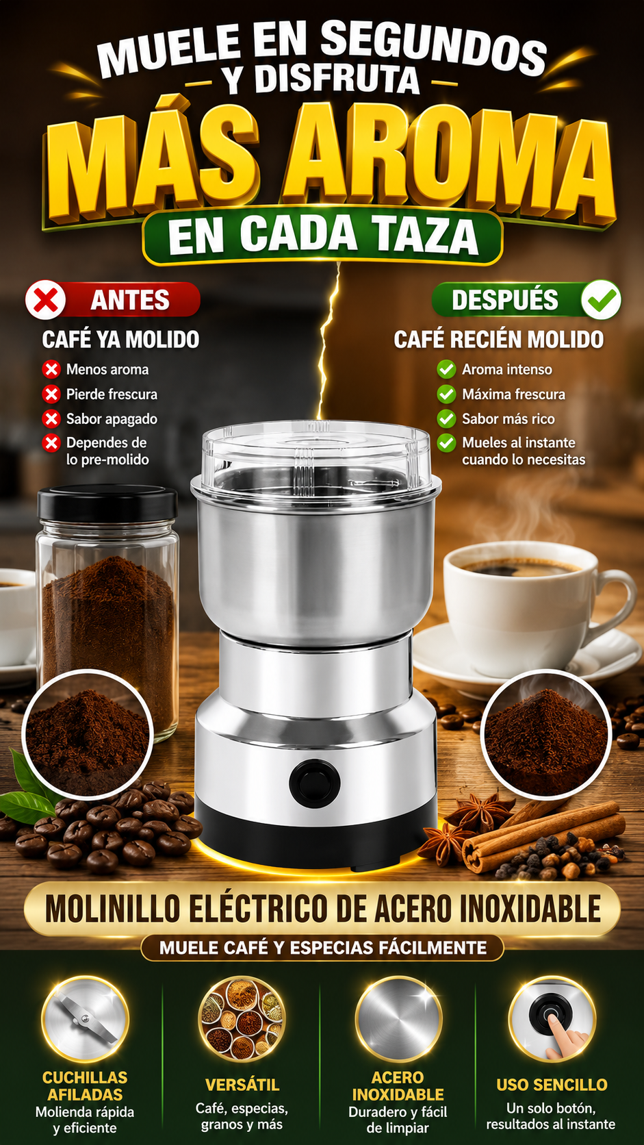 Molinillo Eléctrico de Acero Inoxidable — Muele café y especias fácilmente