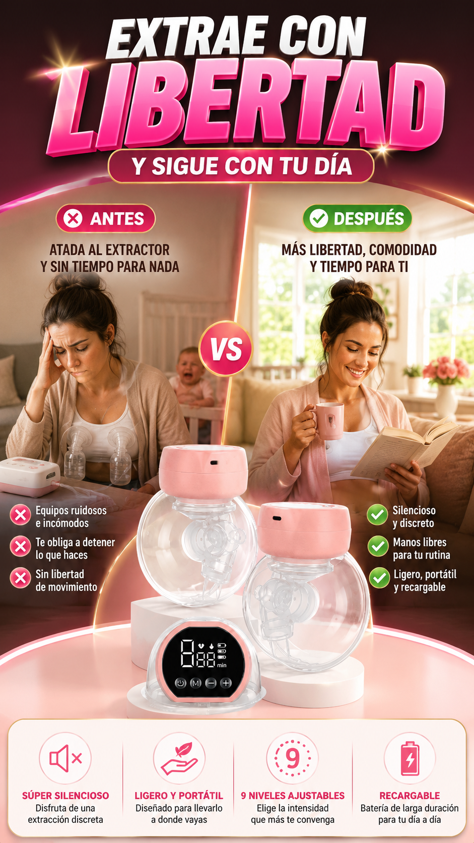 Extractor de Leche Eléctrico Recargable Manos Libres — Extrae con mayor libertad