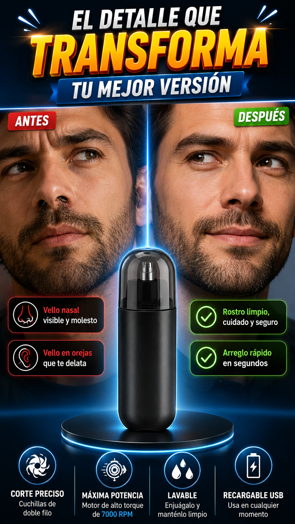 Recortador Eléctrico Recargable de Vello Nasal — Arreglo preciso en segundos
