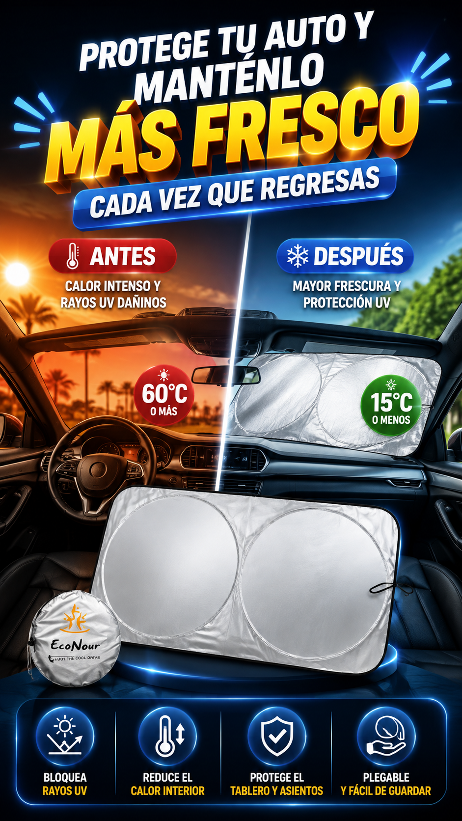 Parasol Plegable para Parabrisas — Mantén tu auto más fresco