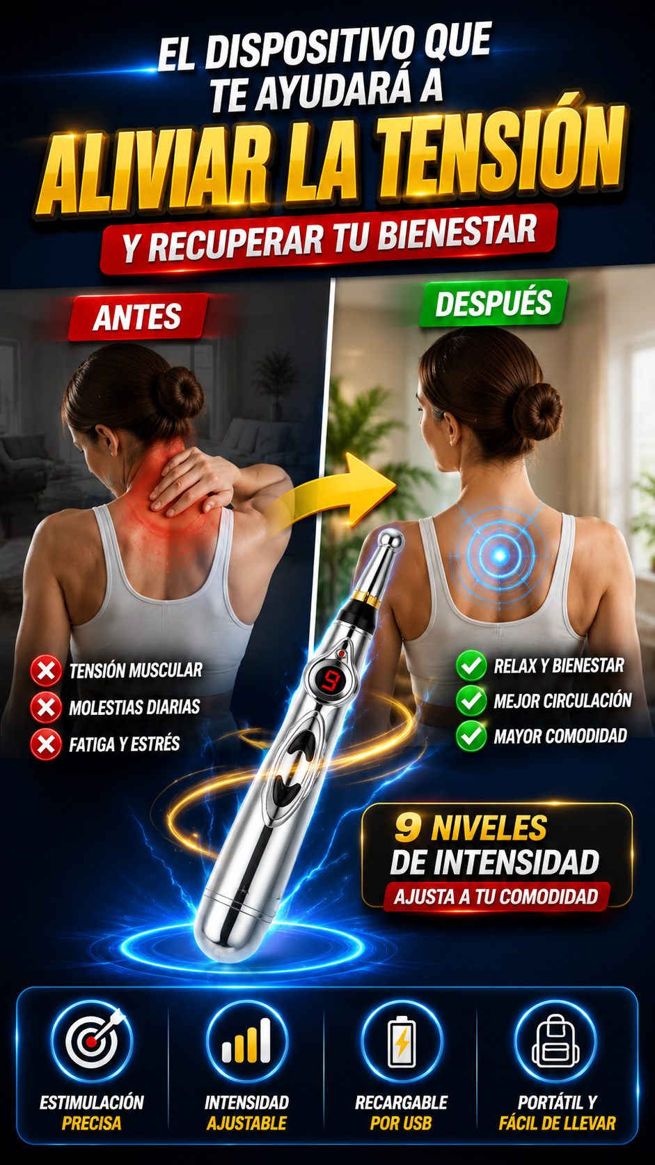 Pluma de Estimulación Eléctrica para Puntos Corporales — Relajación localizada donde la necesitas