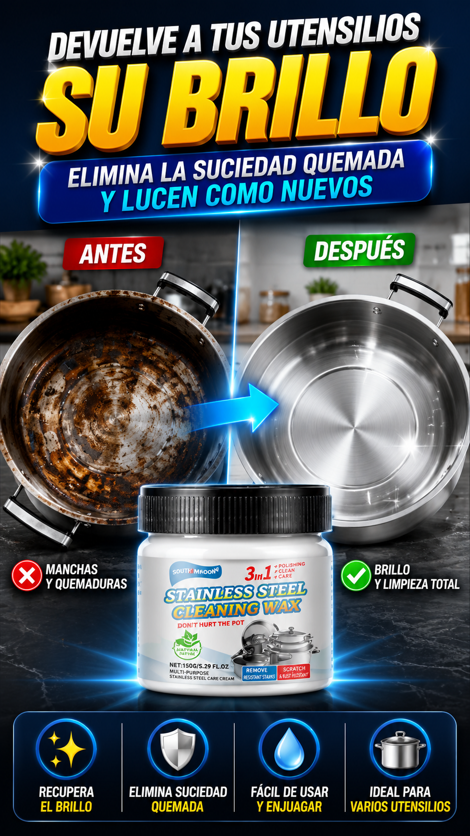 Pasta Limpiadora para Acero Inoxidable — Recupera el brillo de tus utensilios