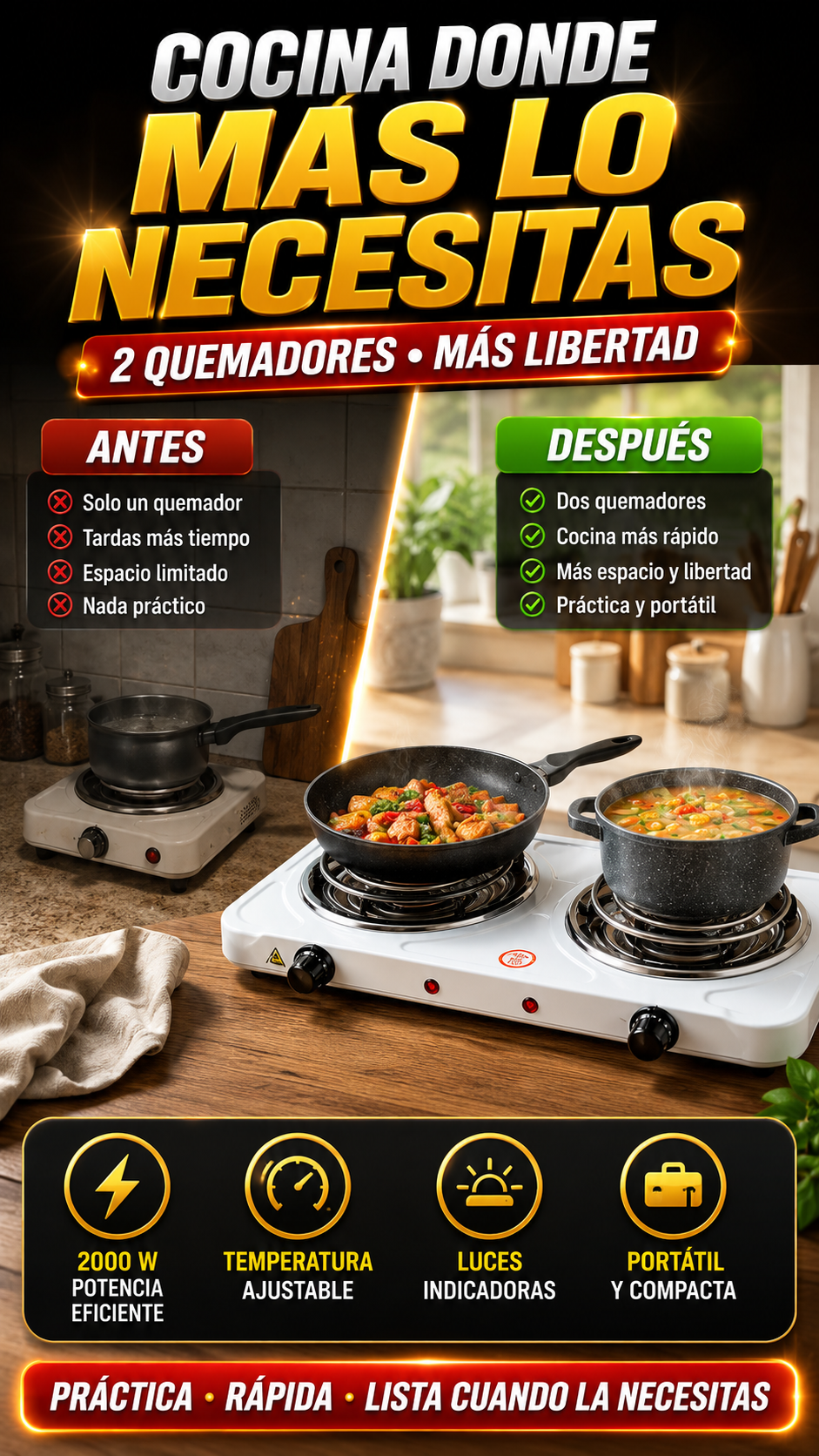 Cocina Eléctrica Portátil de 2 Quemadores 2000 W — Cocina donde más lo necesitas