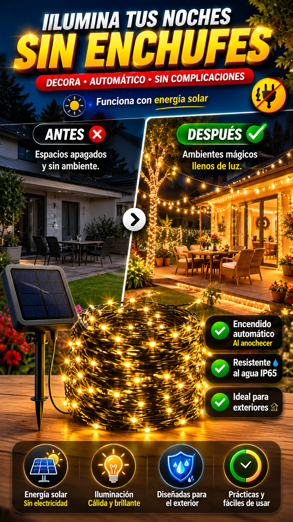 Guirnalda de Luces LED Solares para Exterior — Ilumina tus espacios sin enchufes