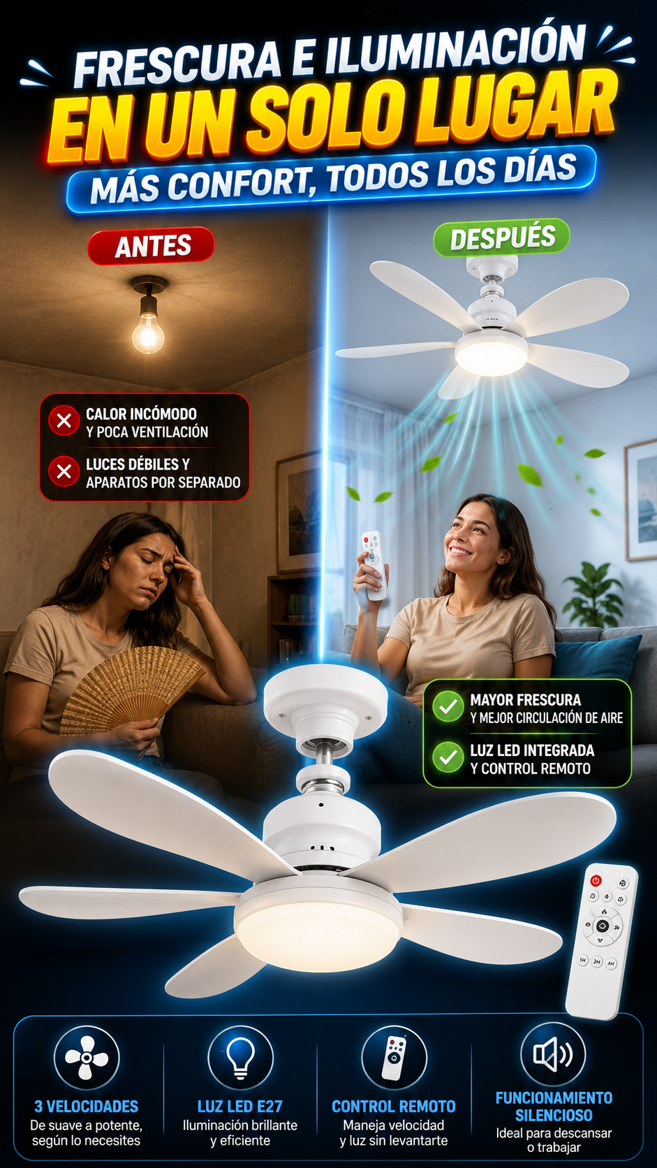 Ventilador de Techo con Luz LED — Refresca e ilumina con comodidad