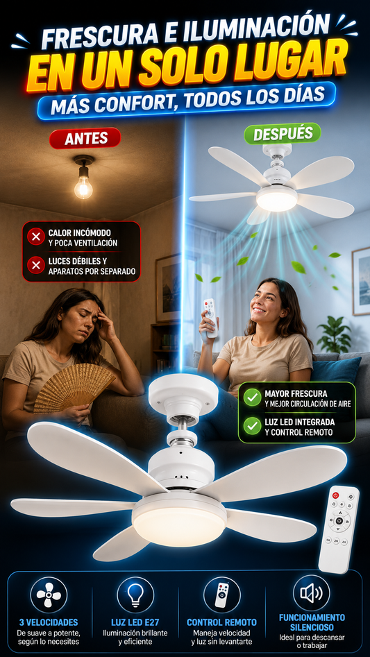 Ventilador de Techo con Luz LED — Refresca e ilumina con comodidad