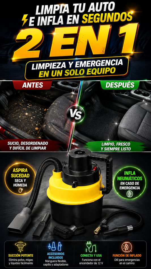 Aspiradora Portátil 2 en 1 de 12 V — Limpia e infla cuando lo necesitas