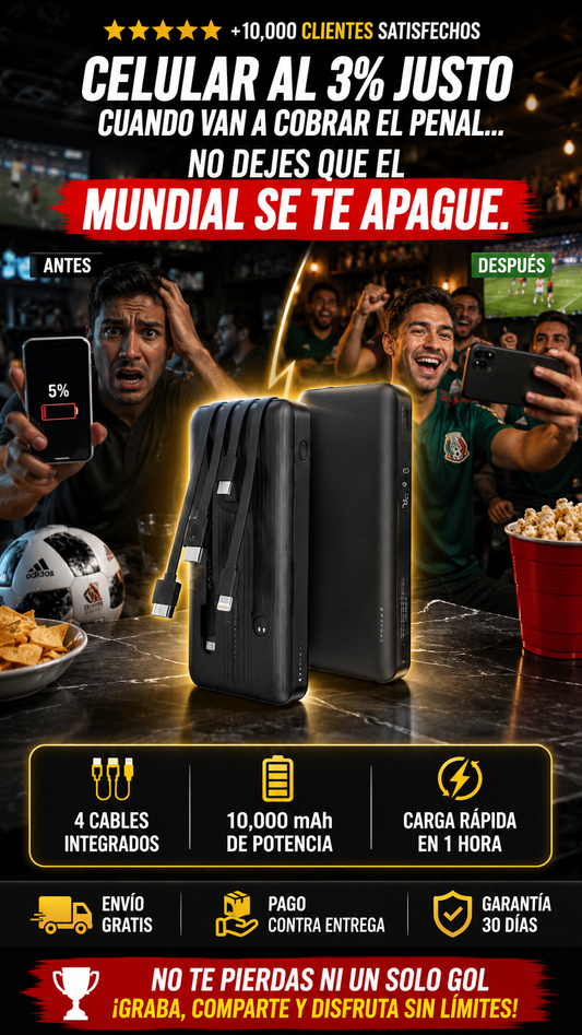 Power Bank 10000 mah 1Hora Bateria Portatil con 4 Cables Incorporados y Luz Carga Moderno