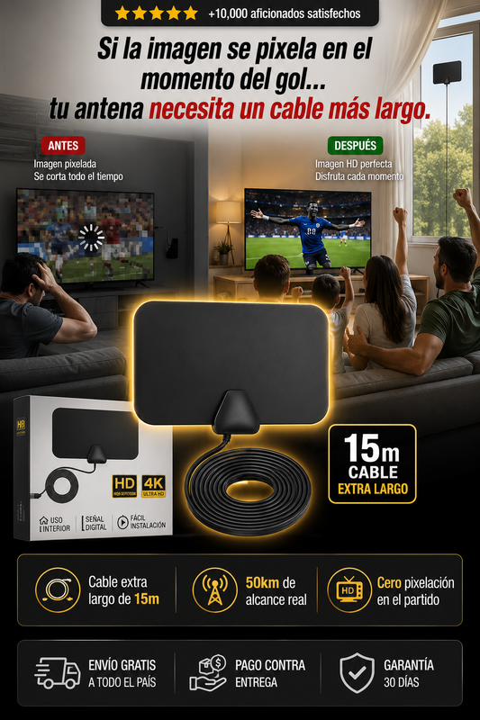Antena tv digital interna de 50km con cable de 15m