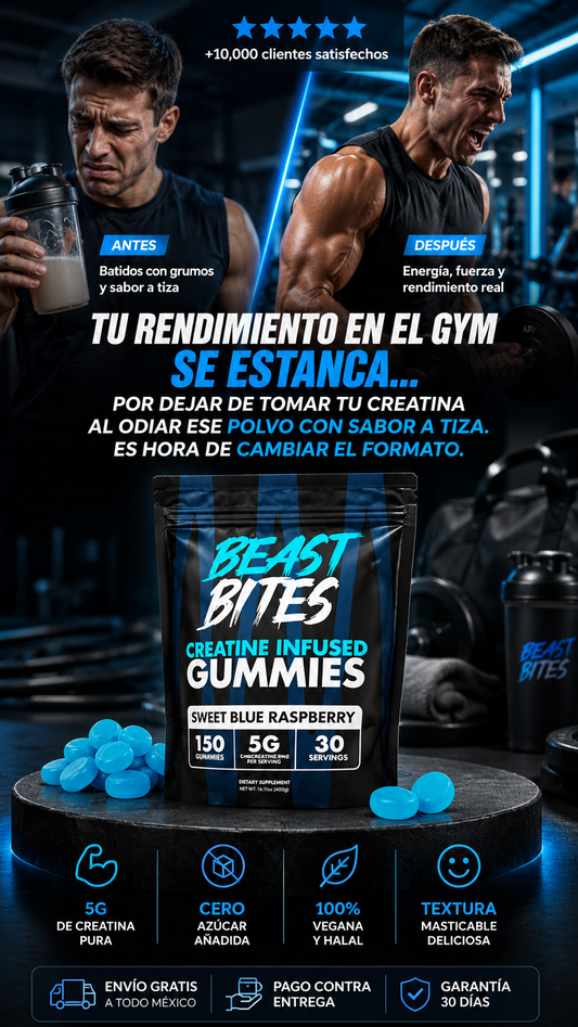 BEAST BITES - Gomitas de creatina - 0.18 oz de monohidrato de creatina por porción, sin azúcar ni colorantes artificiales, bajas en calorías, veganas y halal