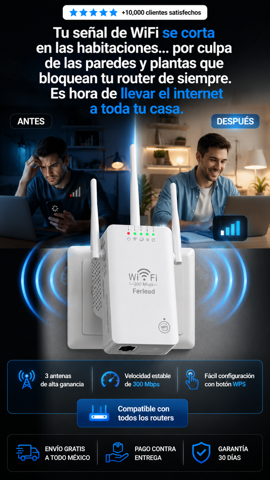 Repetidor WiFi Amplificador de Señal 300 Mbps — Extensor de red inalámbrico con 3 antenas de alta ganancia. Compatible con todos los routers. Indicadores LED (LAN/WAN, señal, WPS, inalámbrico, potencia).
