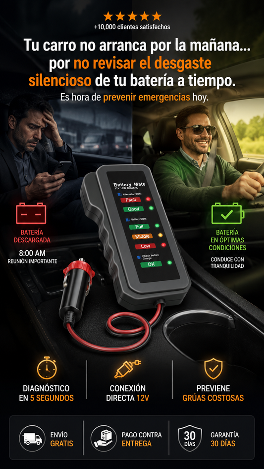 Probador de Batería de Carro Tester — Battery Mate Dispositivo diagnóstico con indicadores LED de color (Fault, Good, Full, Middle, Low, OK) para medir el estado de la batería del vehículo en segundos.