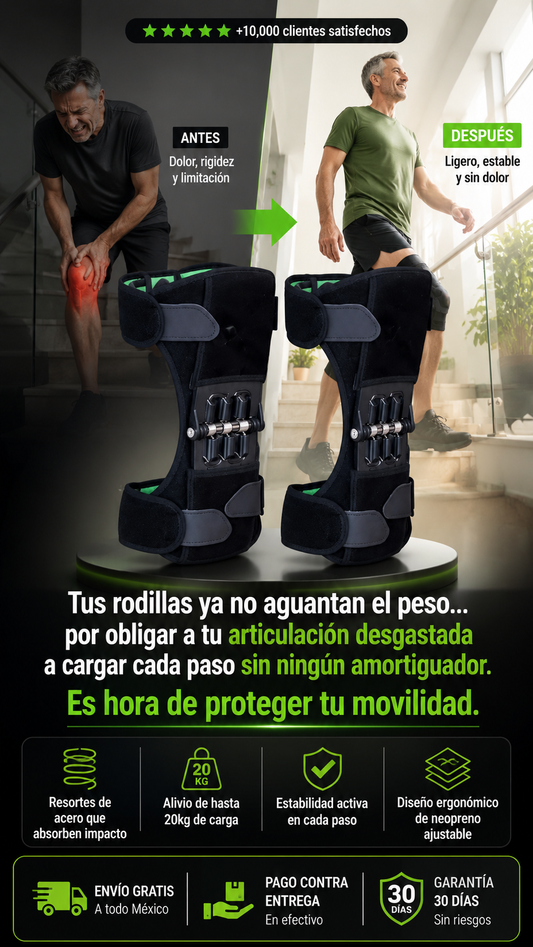Rodillera Ortopédica con Resorte — Knee Booster Soporte articular con sistema de resortes de acero que absorbe el impacto, reduce la presión sobre la rodilla y proporciona estabilidad activa al caminar, subir escaleras, hacer ejercicio