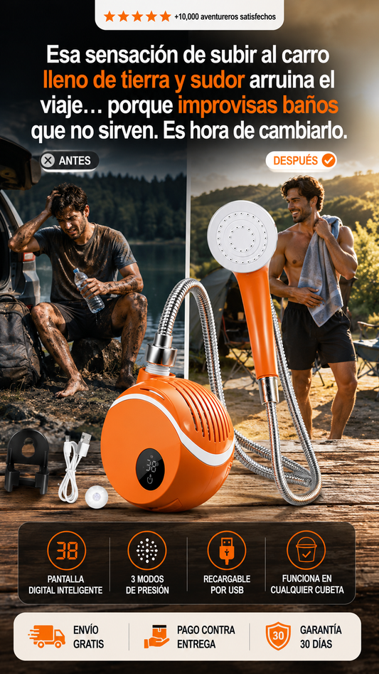 Bomba de Ducha Portátil Recargable USB 3 modos de ducha + modo pistola spray | Pantalla digital inteligente | Temperatura del agua 5–50°C | Carga USB completa en 3–4 horas | Cabezal de ducha flexible con manguera de acero | Gancho de pared incluido.