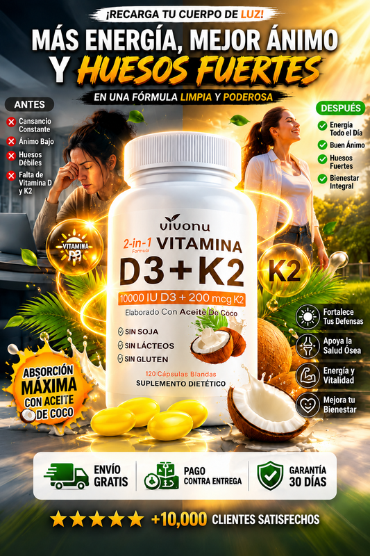 Vivonu — Vitamina D3 + K2 | Fórmula 2-en-1 10,000 IU D3 + 200 mcg K2 | 120 Cápsulas Blandas