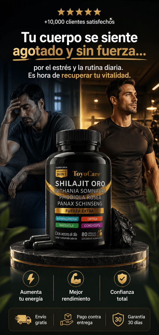 "Shilajit Oro" de la marca ToyoCare, el cual incluye ingredientes como Ashwagandha, Rhodiola Rosea y Panax Ginseng-  aumento de energía y vitalidad.-contiene 80 cápsulas vegetales