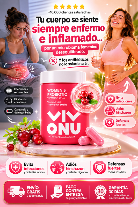 VIVONU Women's Probiotic Vitamin Capsules — suplemento probiótico femenino con 18 cepas probióticas, formulado específicamente para proporcionar a las mujeres un cuidado completo del microbioma femenino. 60 cápsulas / Suplemento dietético.