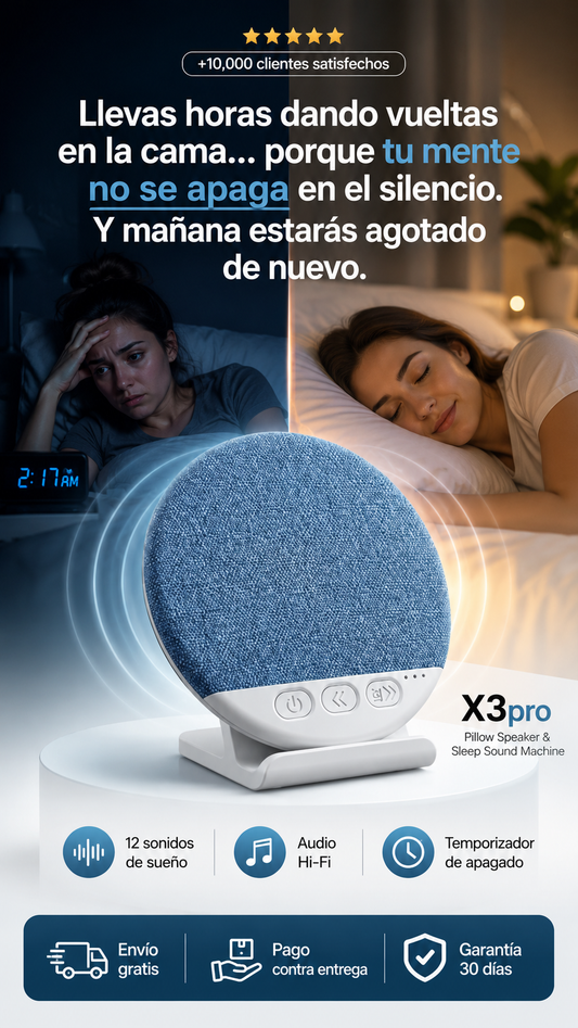 X3pro Pillow Speaker & Sleep Sound Machine — bocina inalámbrica para almohada con 12 sonidos de sueño integrados, temporizador de apagado, audio Hi-Fi y diseño compacto y portátil. Conectividad Bluetooth 5.4. Ideal para dormir, relajarse