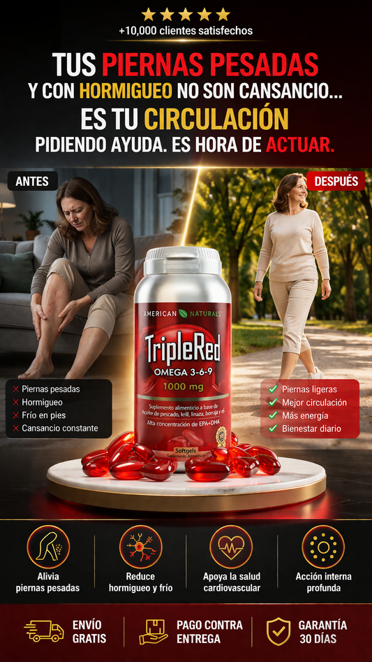 TripleRed Omega 3-6-9-suplemento nutricional en cápsulas blandas (softgels) que combina ácidos grasos esenciales para apoyar la salud cardiovascular, mejorar la circulación y reducir los niveles de colesterol y triglicéridos.