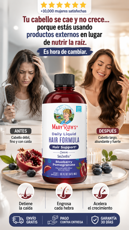 MARYRUTH'S Fórmula líquida diaria para el cabello, con 500 mg de SesZenBio™ + 2,500 mcg de biotina, vitamina C, cabello más grueso y fuerte para mujeres, salud del cabello, la piel y las uñas, producción de colágeno, 16 onzas líquidas