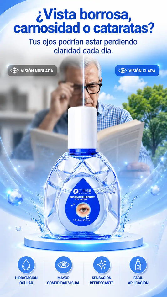 Gotas oftálmicas de la marca San Jing , formuladas con hialuronato de sodio- diseñado para hidratar, aliviar la sequedad ocular, reducir la irritación y mejorar el confort visual