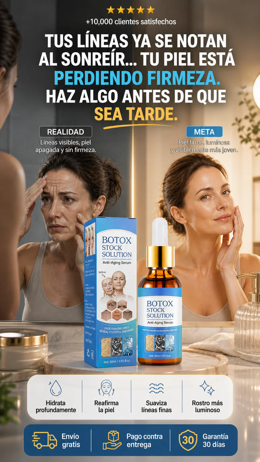 Suero facial reafirmante Botox Stock Solution de 30 ml diseñada para reducir líneas finas y arrugas.