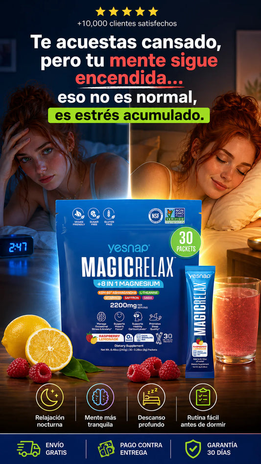 Yesnap MAGICRELAX Calming Sparking Mix with 8-in-1 Magnesium KSM-66 Ashwagandha Saffron Vitamin D3 GABA L-Theanine Supports Cortisol Balance Mood Sleep 30 Servings No Sugar Non GMO Raspberry Lemonade Flavor