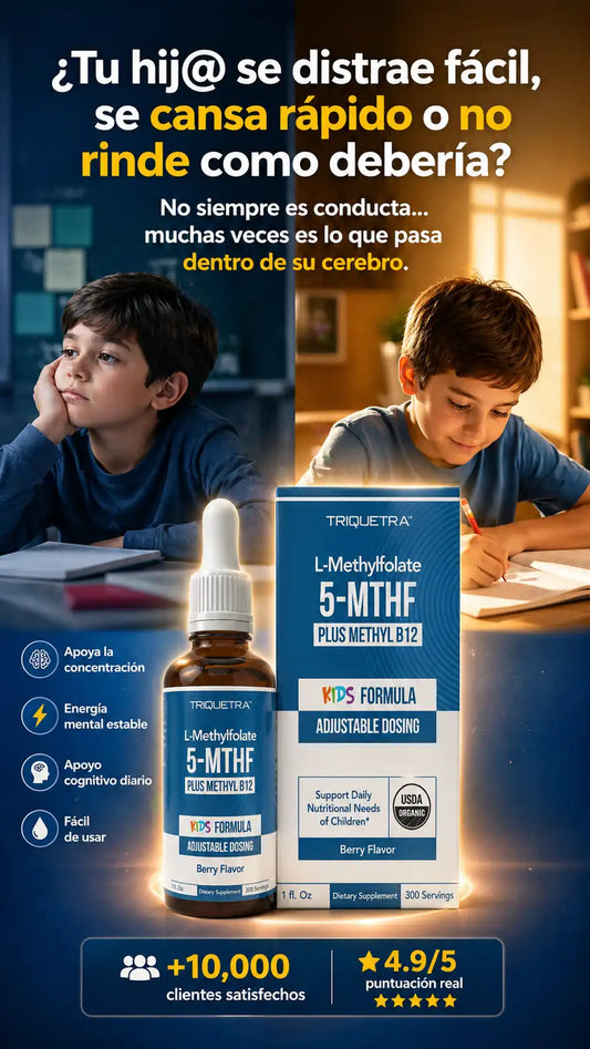 Triquetra L-Metilfolato 5-MTHF Plus Mmetil B12 Fórmula para niños en sabor a bayas-suplemento líquido diseñado-dosificación ajustable-apoyar el desarrollo cerebral, el estado de ánimo y el enfoque-fórmula es orgánica, vegana y certificada GMP