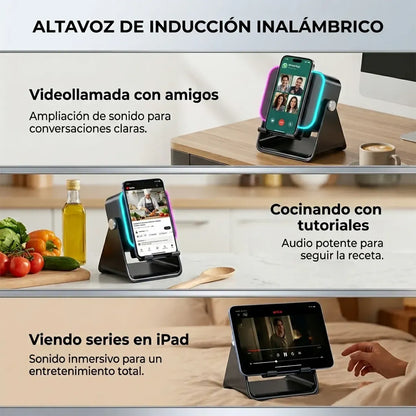 Altavoz Inalámbrico 5 en 1: Cargador de Celular, Soporte Magnético y Sonido por Inducción
