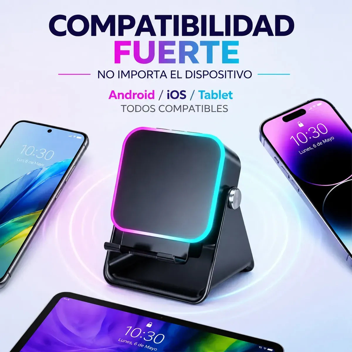 Altavoz Inalámbrico 5 en 1: Cargador de Celular, Soporte Magnético y Sonido por Inducción