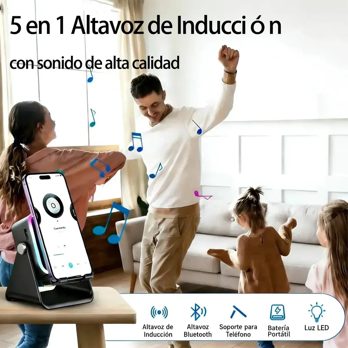 Altavoz Inalámbrico 5 en 1: Cargador de Celular, Soporte Magnético y Sonido por Inducción