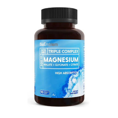 BioEmblem Complejo triple de magnesio de alta absorción 300 mg | Glicinato de magnesio para nervios, malato para energía, suplemento para apoyar la salud muscular |  90cápsulas