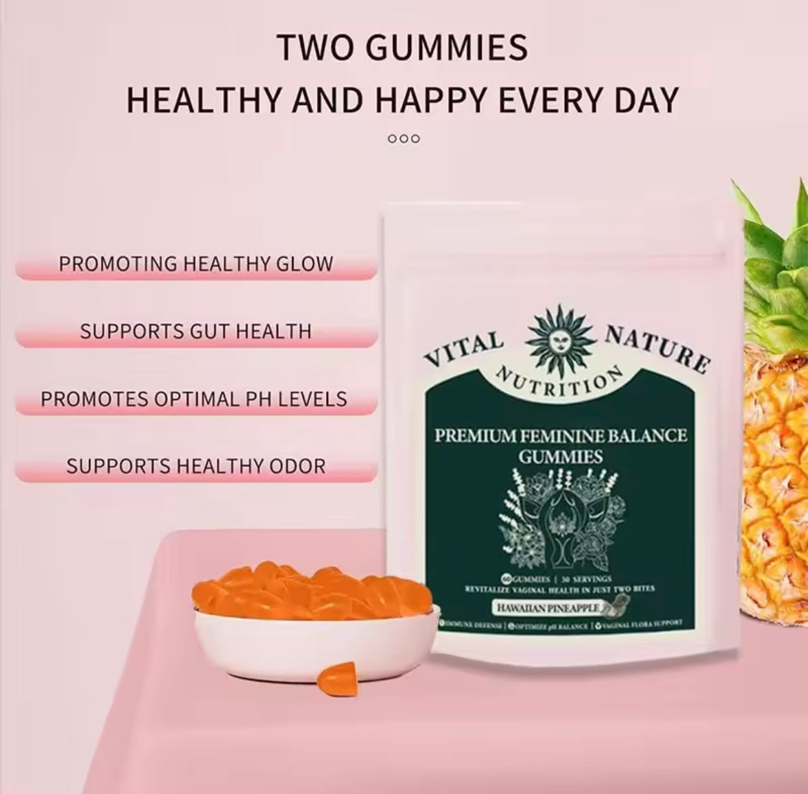 Gomitas de equilibrio femeninas premium - Gomitas de piña hawaiana para mujeres Delicioso equilibrio de PH y soporte inmunológico - 60 unidades