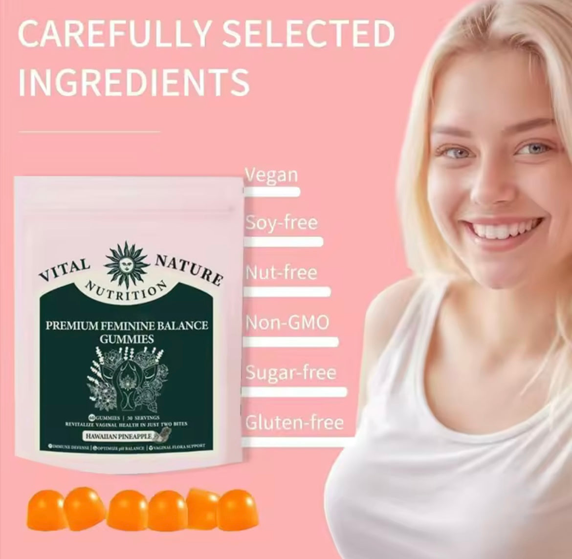 Gomitas de equilibrio femeninas premium - Gomitas de piña hawaiana para mujeres Delicioso equilibrio de PH y soporte inmunológico - 60 unidades