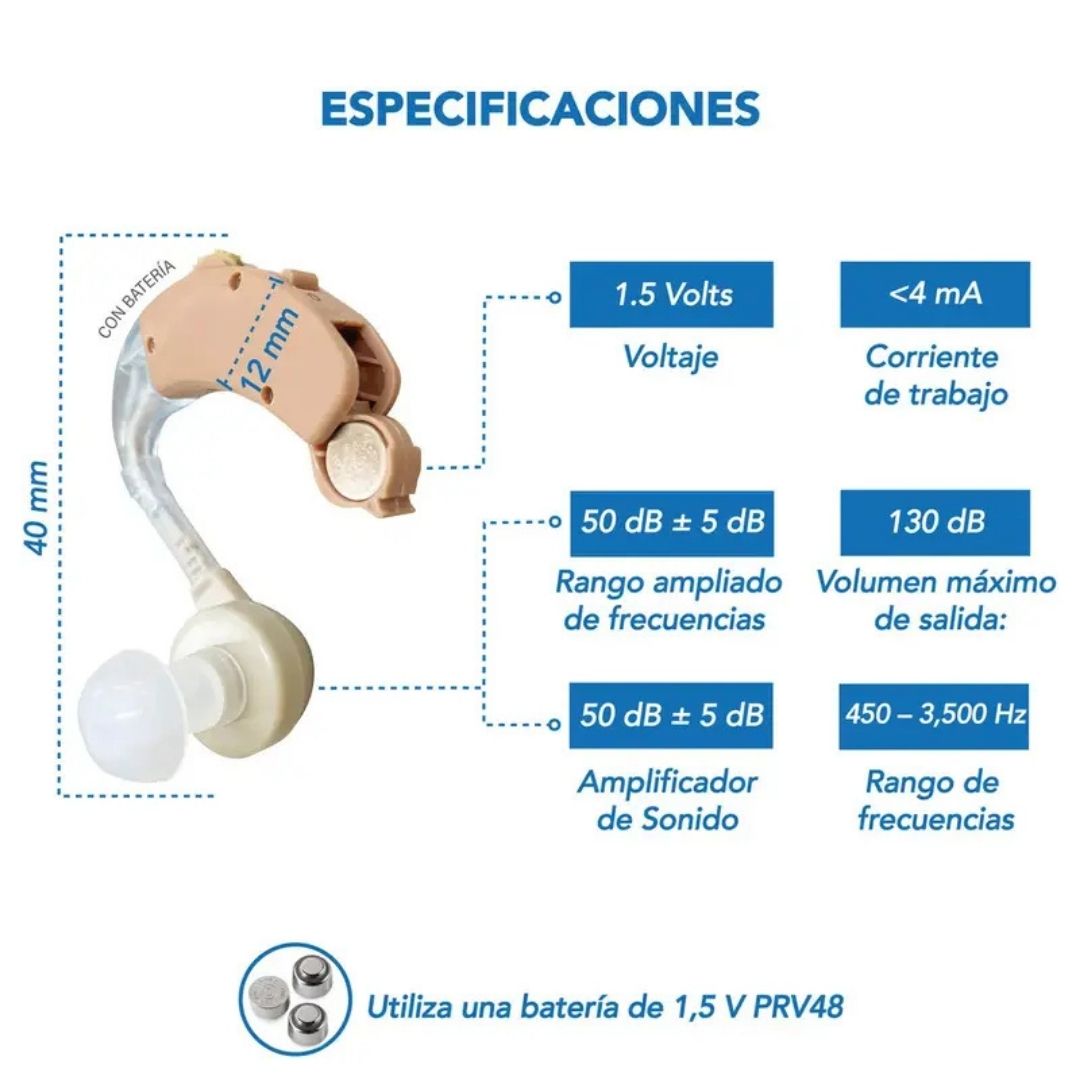 Amplificador de Sonido, Diseño Discreto con Rango de Frecuencia de 200-5000 Hz, Incluye 3 Cojines y 2 Pilas de Botón | Fácil de Operar.