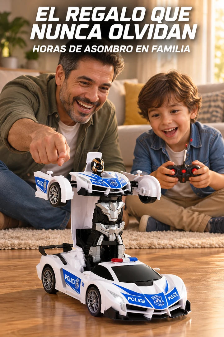 Auto robot transformable policía blanco azul con familia