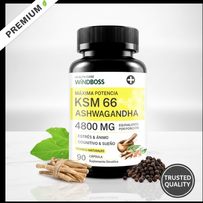 Windboss Cápsulas de Ashwagandha KSM-66 4800mg,  Sin Gluten, No Transgénico, Vegano, con Pimienta Negra para Mejor Absorción, y Apoyo al Sueño - 90 Cápsulas