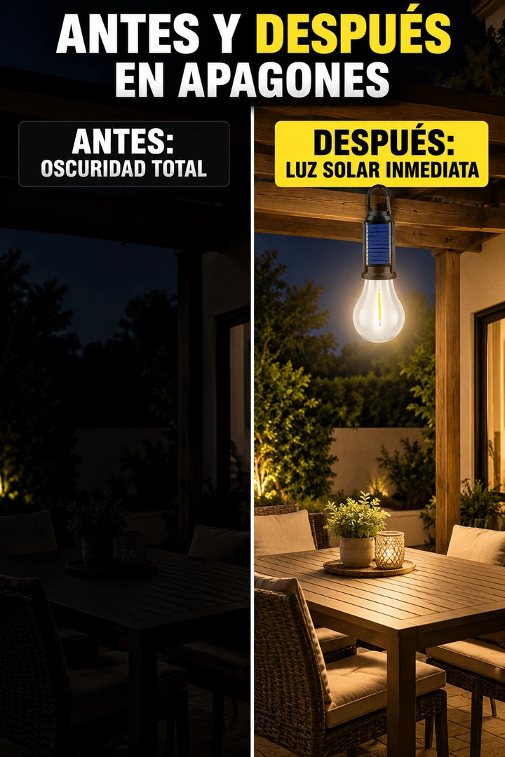 Comparación antes y después de iluminar un patio con bombilla solar