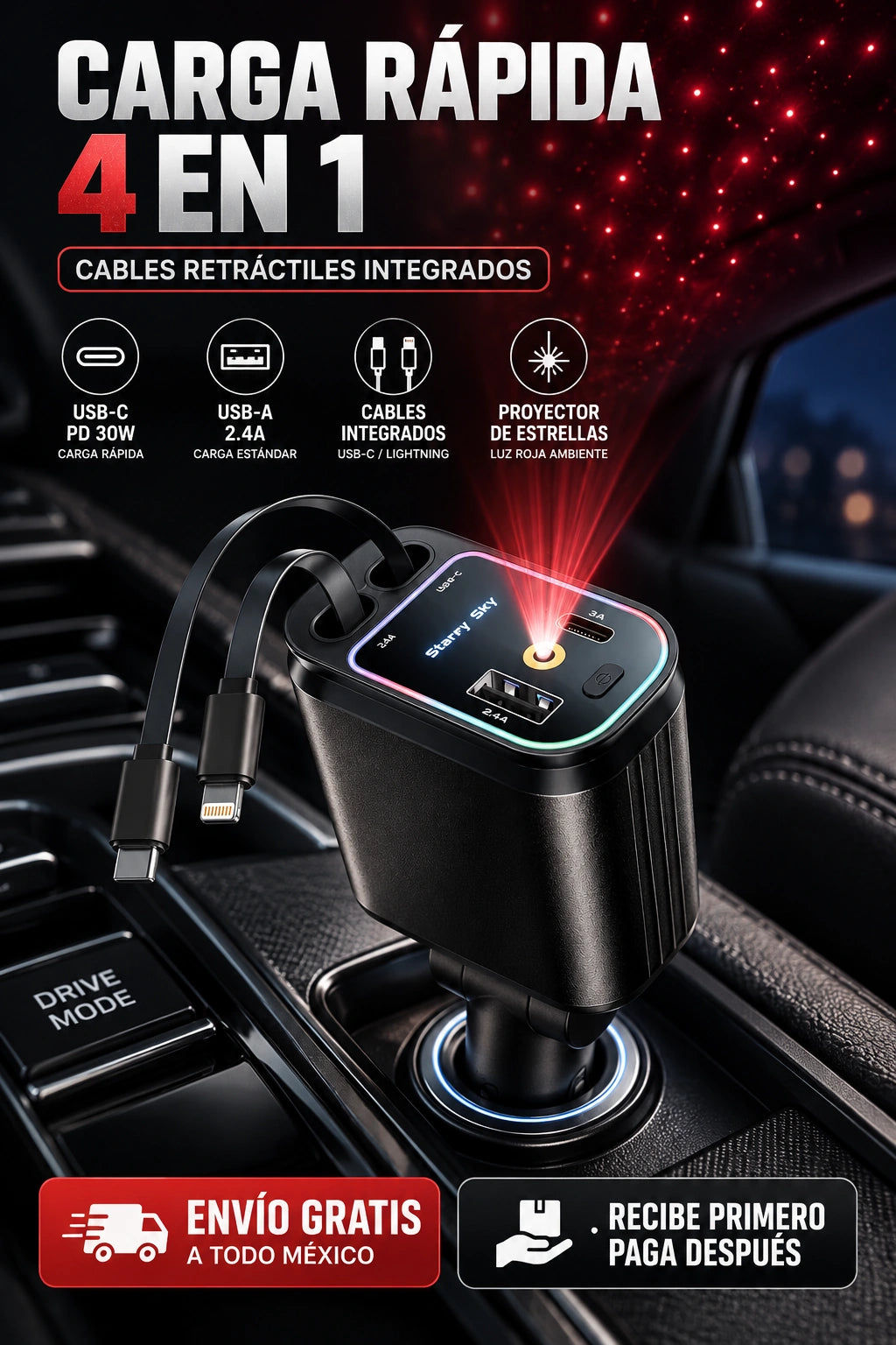 Cargador de Auto 4 en 1 con Proyector Techo de Estrellas y Cables Retráctiles