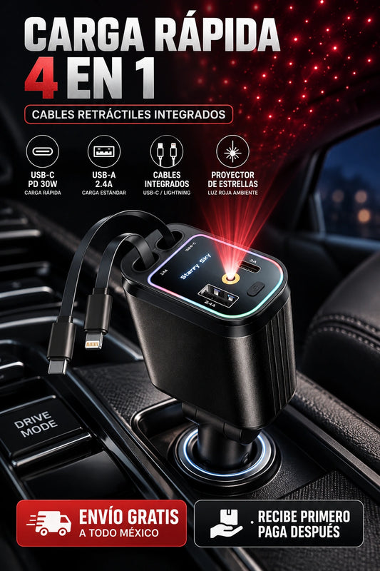 Cargador de Auto 4 en 1 con Proyector Techo de Estrellas y Cables Retráctiles