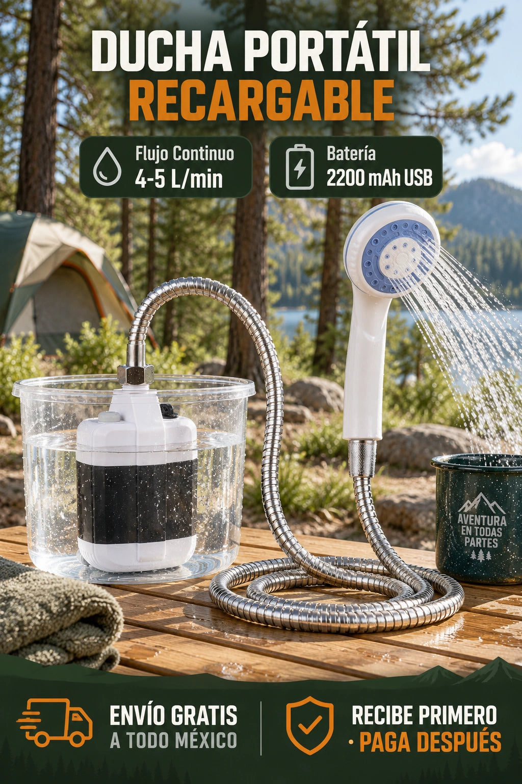 Regadera Portátil Multiusos para Acampar, Auto y Mascotas USB